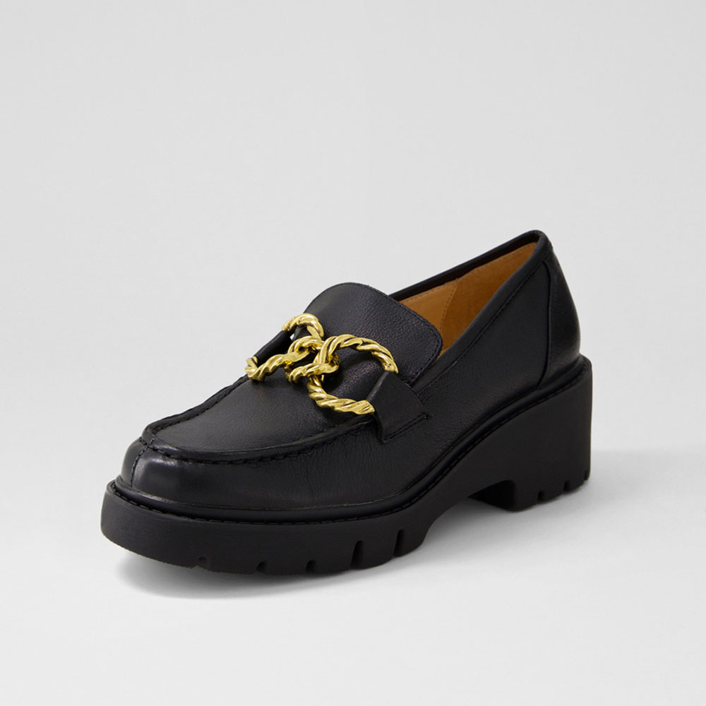 Women's Black Round Toe Chain Platform Loafers with Chunky Heels