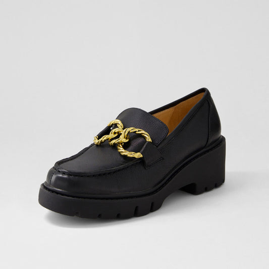 Women's Black Round Toe Chain Platform Loafers with Chunky Heels