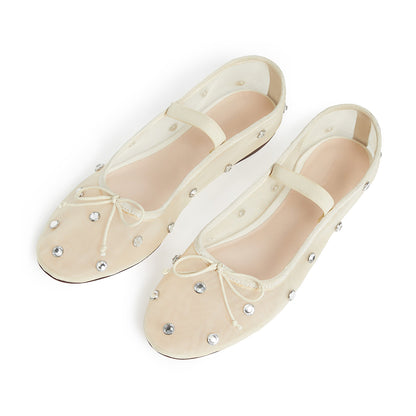 Beige Mesh Round Toe Rhinestone Ballet Flats with Bow Decor