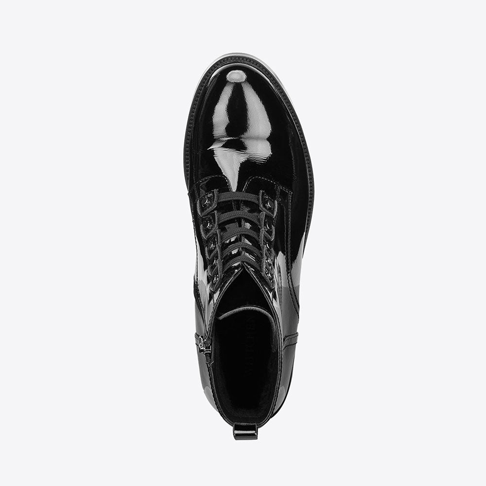 Black Patent Studded Round Toe Low Heeled Ankle Boots with Zipper