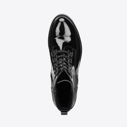 Black Patent Studded Round Toe Low Heeled Ankle Boots with Zipper