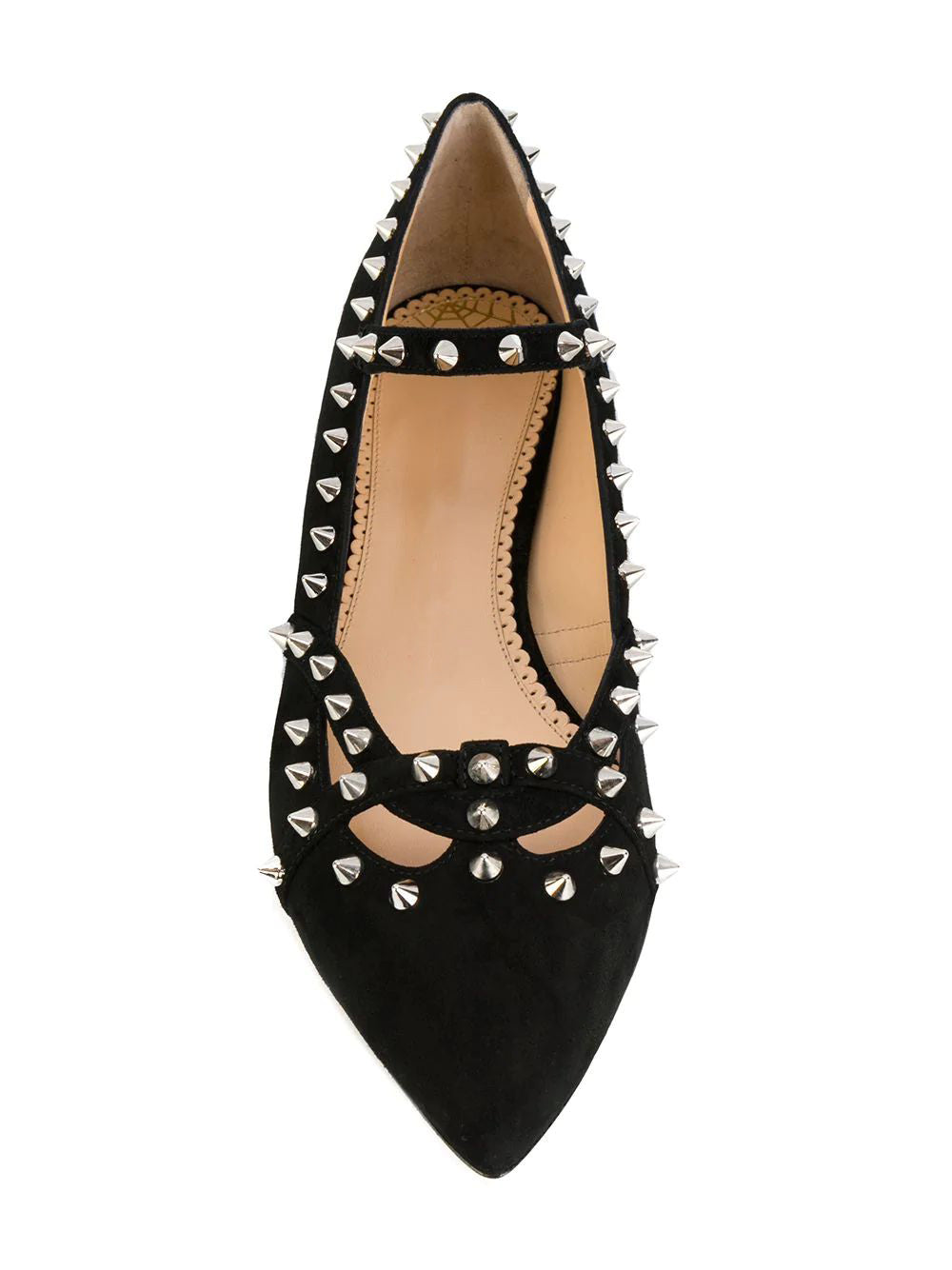 Black Vegan Suede Pointed Toe Rivets Strappy Mary Jane Flats