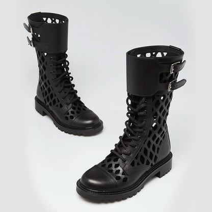 Black Buckle Lace-Up Hollow Out Round Toe Mid Calf Boots