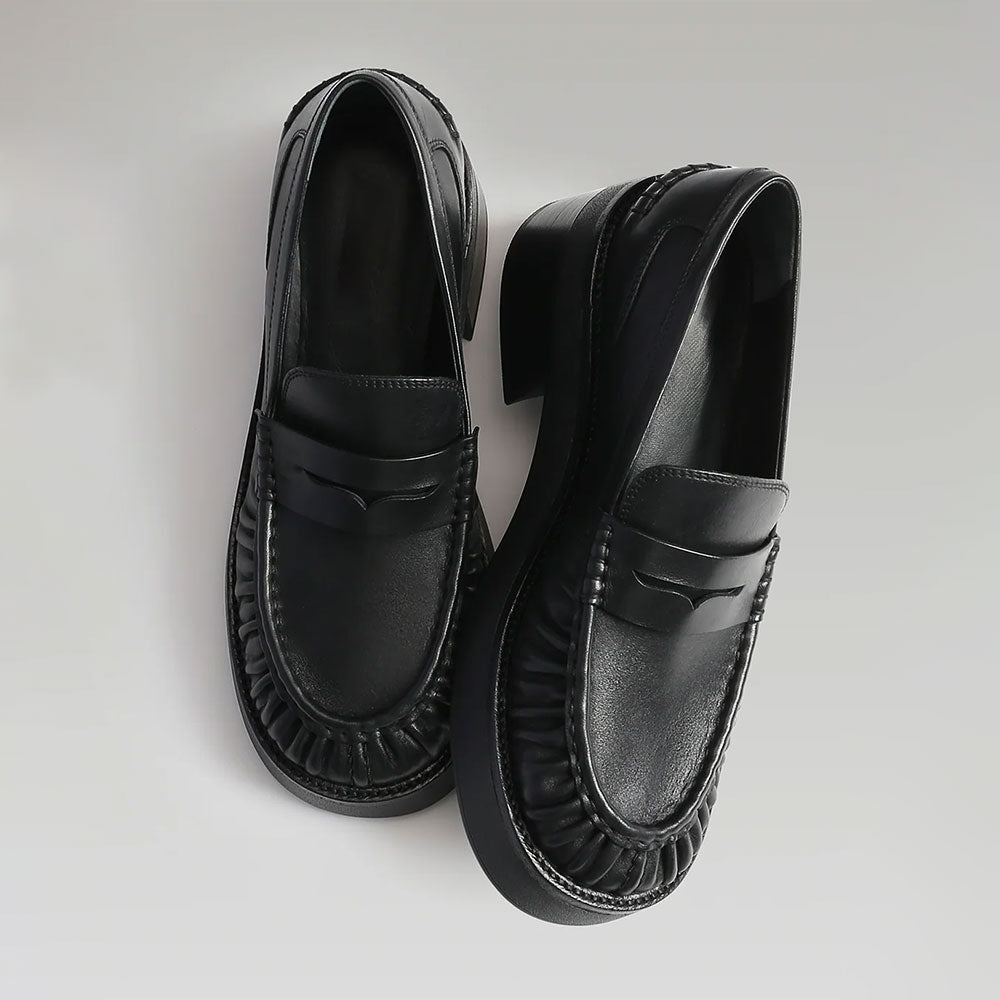 Black Round Toe Pleated Details Chunky Heel Platform Loafers