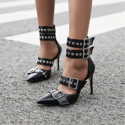 Women's Pointed Toe Grommet Strap Buckled Stiletto Black Pumps