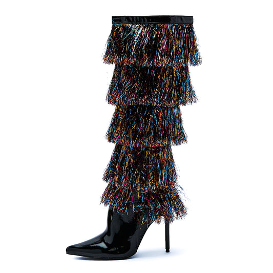 Black Patent Leather Stiletto Multi-Layered Fringe Knee High Boots