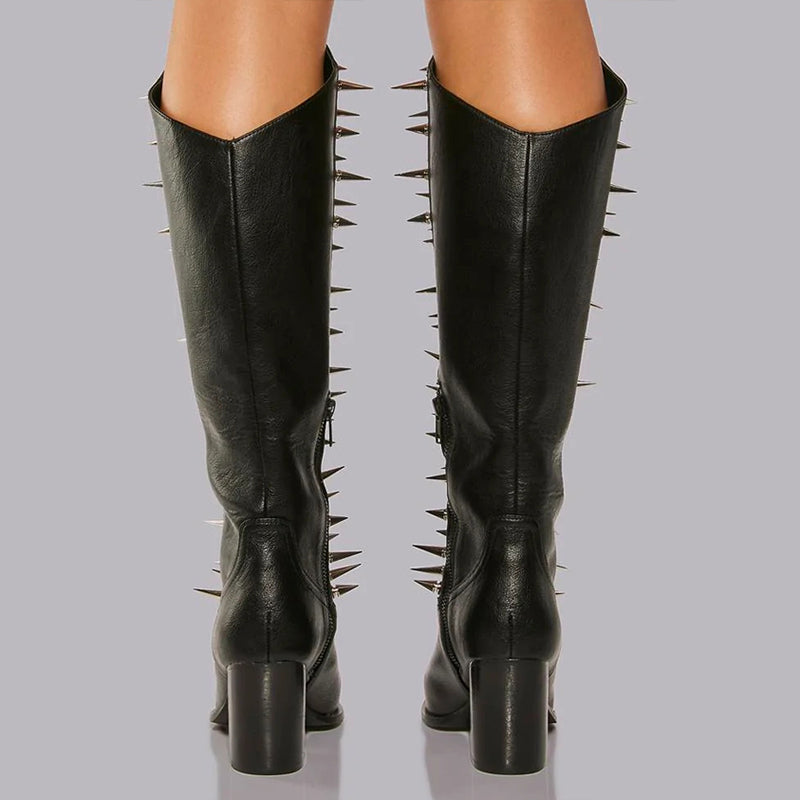 Stylish Black Pointed Toe Rivets Detail Chunky Heel Knee High Boots