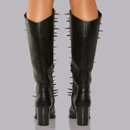 Stylish Black Pointed Toe Rivets Detail Chunky Heel Knee High Boots