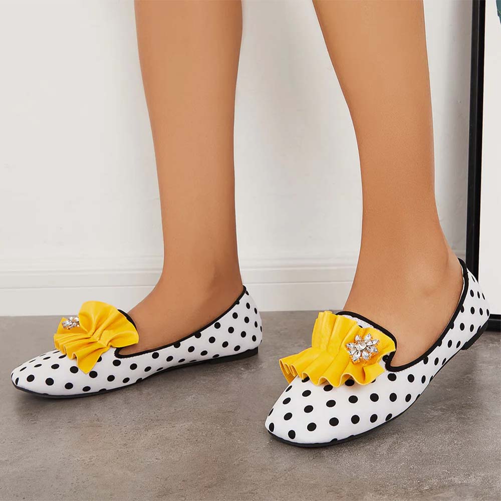 White & Black Polka Dot Round Toe  Loafers With Yellow Fold Rhinestone Flower Decor Flats