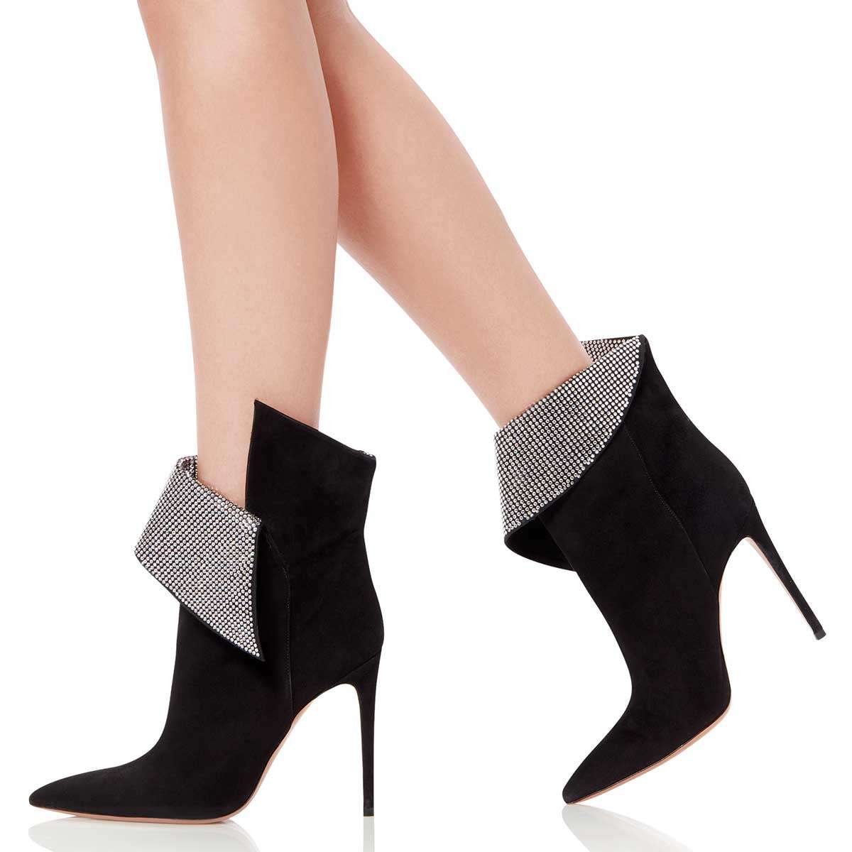 Black Fold Over Rhinestones Pointy Toe Stiletto Heel Ankle Boots