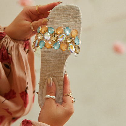 Beige Flat Mules Square Toe Multicolor Crystal Decor Slides Shoes