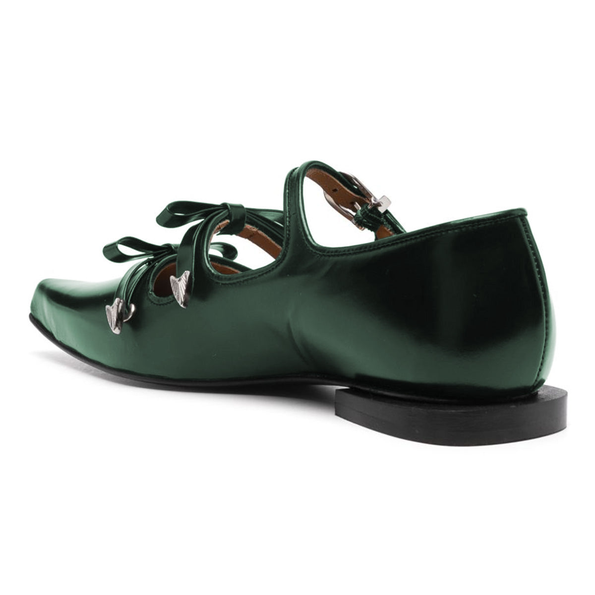 Dark Green Bows Pointed Toe Buckle Strap Flats Shoes for Women