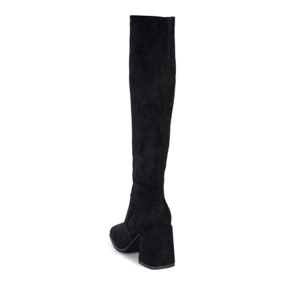 Black Lace Up Square Toe Chunky Heel Knee High Boots for Women