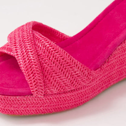 Women's Hot Pink Ankle Strap Woven Wedge Platform Sandals