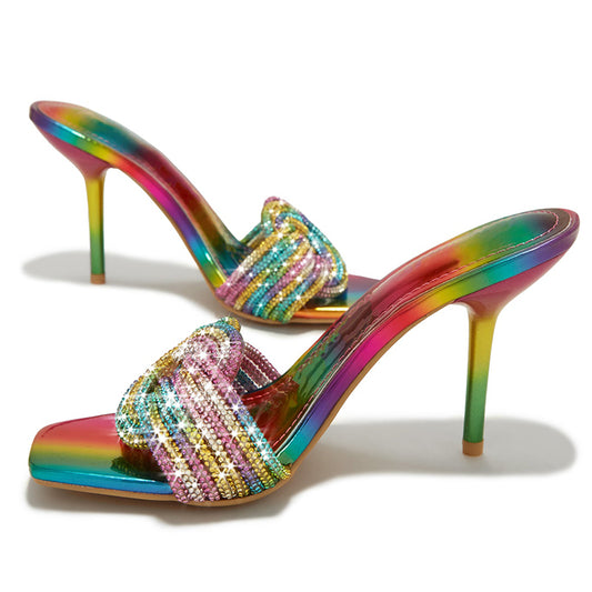 Multicolor Square Toe Gradient Rhinestone Sandals Elegant Mule Heels