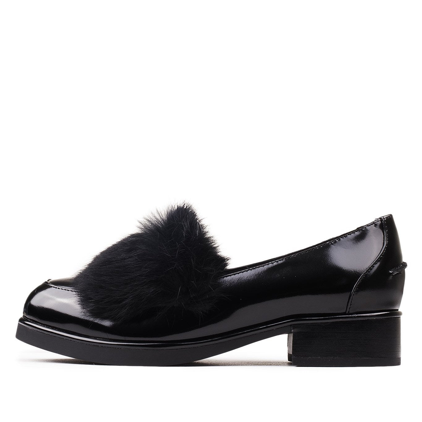 Black Patent Leather Faux Fur Decor Low Heel Women's Loafers