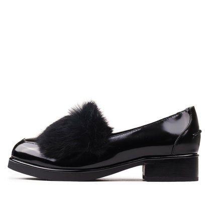 Black Patent Leather Faux Fur Decor Low Heel Women's Loafers
