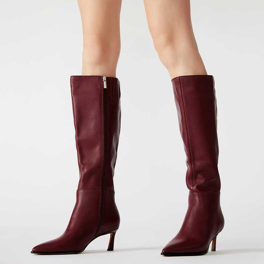 Maroon Vegan Leather Pointed Toe Kitten Heel Zipper Knee High Boots
