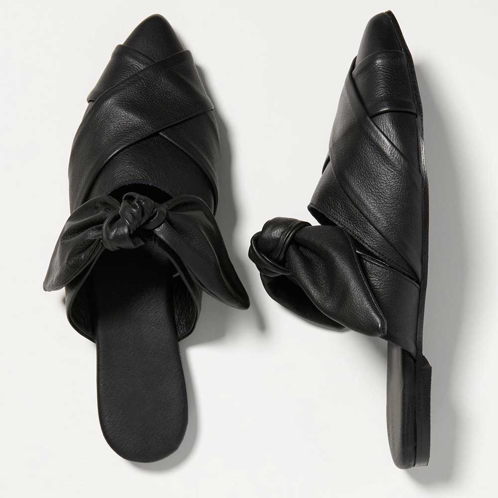 Women's Black Pointy Toe Cross Strap Flat Mules with Bow Decor