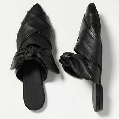 Women's Black Pointy Toe Cross Strap Flat Mules with Bow Decor