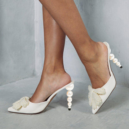 White Vegan Leather Closed Toe 4'' Decorative Heel Mules with Pearl