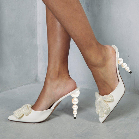White Vegan Leather Closed Toe 4'' Decorative Heel Mules with Pearl