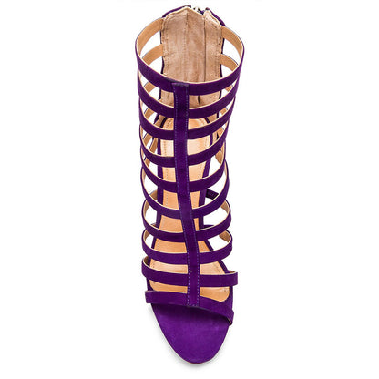 Purple Gladiator Heels Open Toe Vegan Suede Cage Sandals