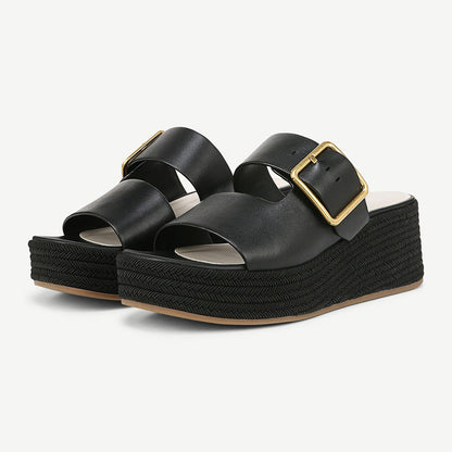 Open Square Toe Buckle Strap Woven Wedge Heel Black Platform Sandals