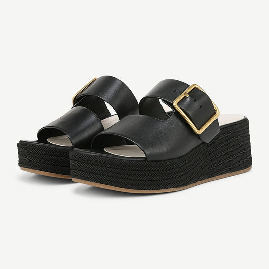 Open Square Toe Buckle Strap Woven Wedge Heel Black Platform Sandals