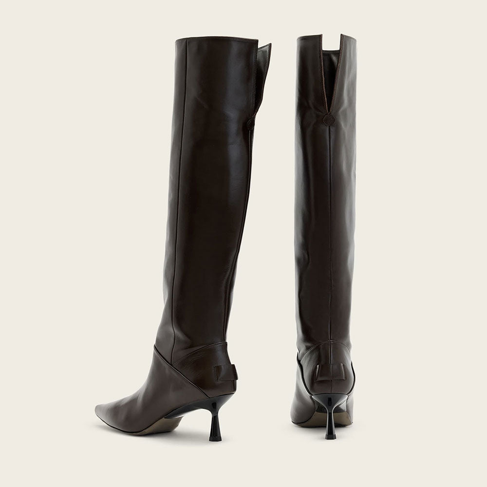 Dark Brown Pointed Toe Flared Heel Foldable Knee High Boots