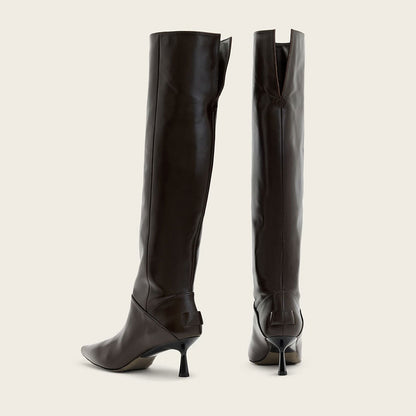 Dark Brown Pointed Toe Flared Heel Foldable Knee High Boots