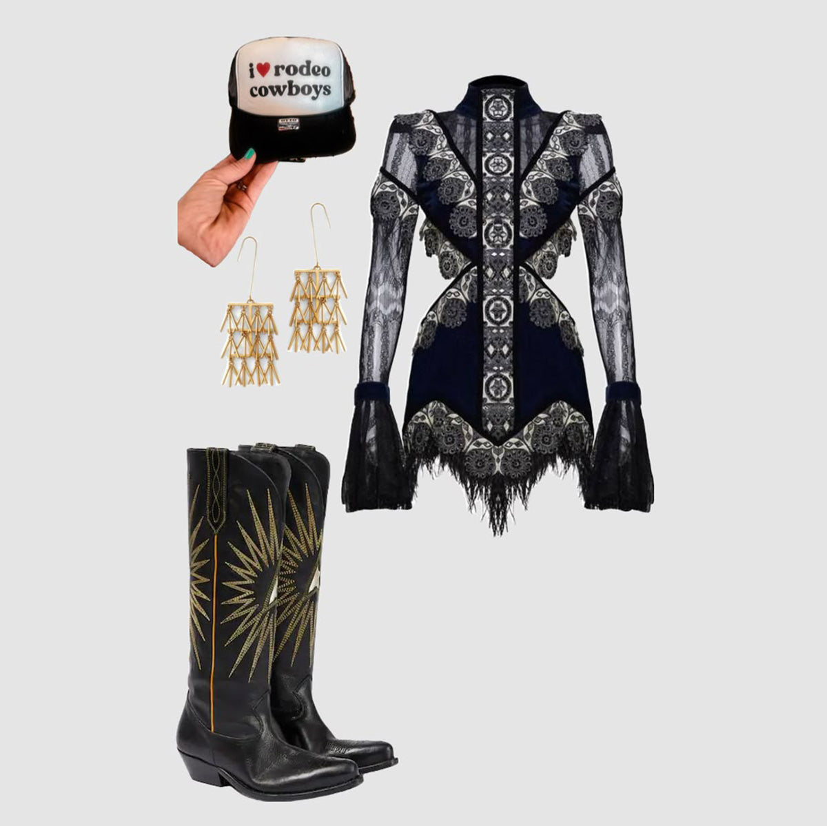 Black Chunky Heel Embroidered Pointy Toe Knee High Cowgirl Boots