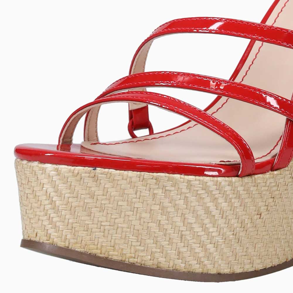 Red & Beige Open Toe Buckle Strappy Wedge Sandals with Woven Platform
