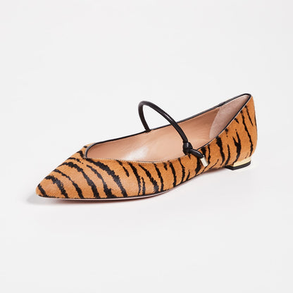 Brown Tiger Horsehair Pointy Toe Flats Mary Jane Shoes for Women