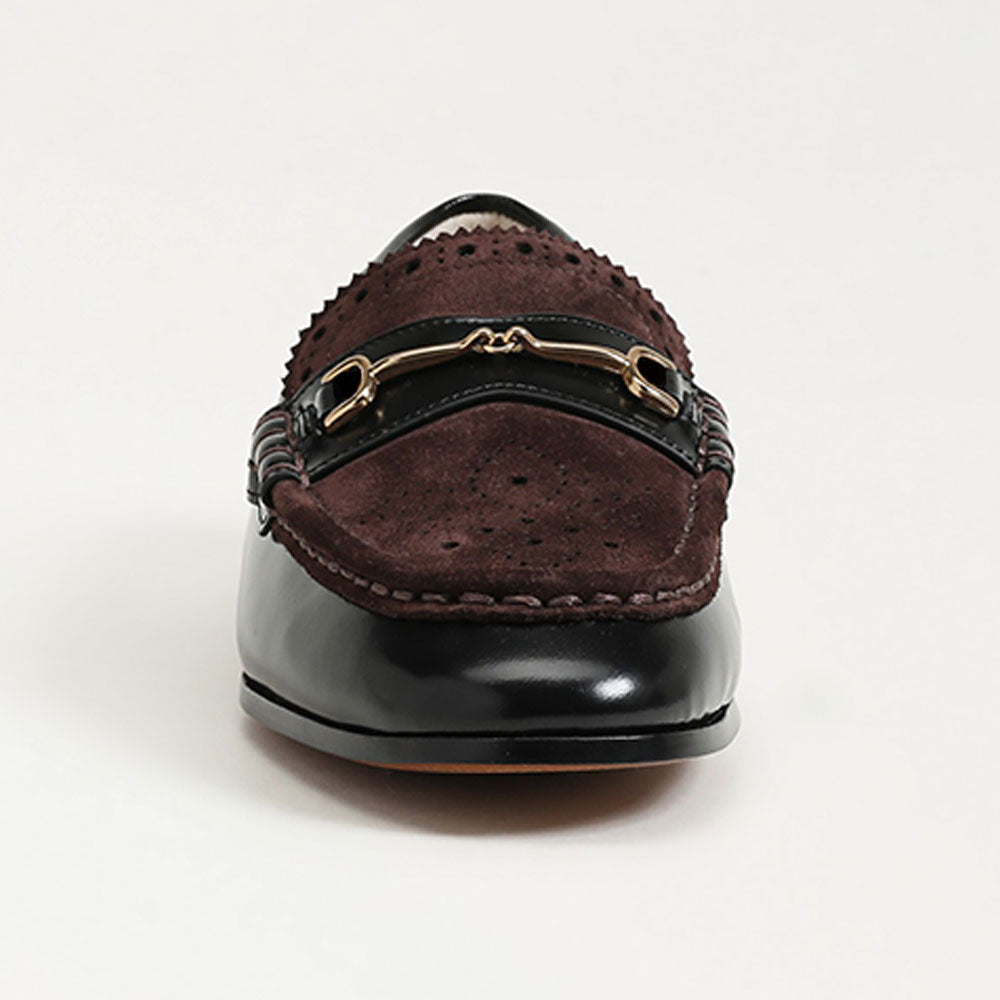 Black and Dark Brown Closed-Toe Perforated Flat Horsebit Loafers