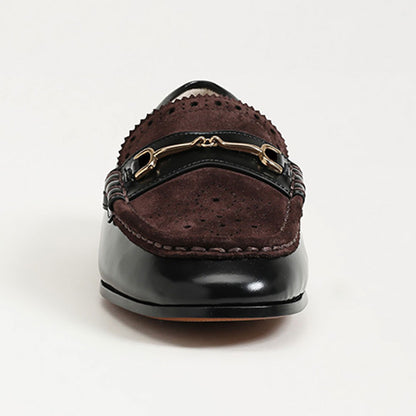Black and Dark Brown Closed-Toe Perforated Flat Horsebit Loafers