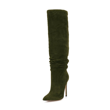 Pointed Toe Vegan Suede Stiletto Slouch Knee High Boots in Dark Green