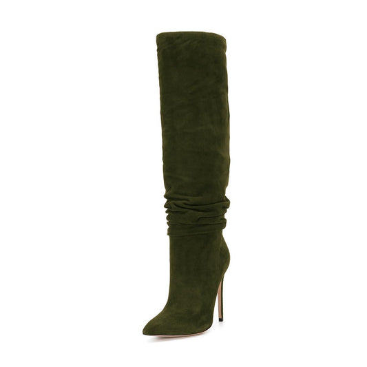 Pointed Toe Vegan Suede Stiletto Slouch Knee High Boots in Dark Green