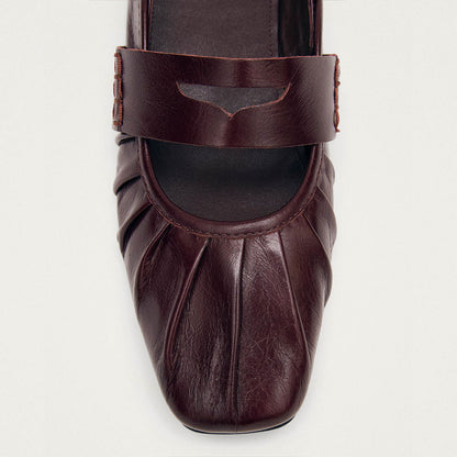Vegan Leather Square Toe Mary Jane Maroon Ballet Flats with a Strap