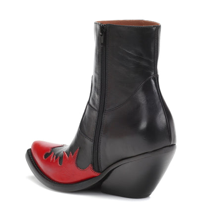 Black & Red Flame Booties Pointed Toe Wedge Western Ankle Boots