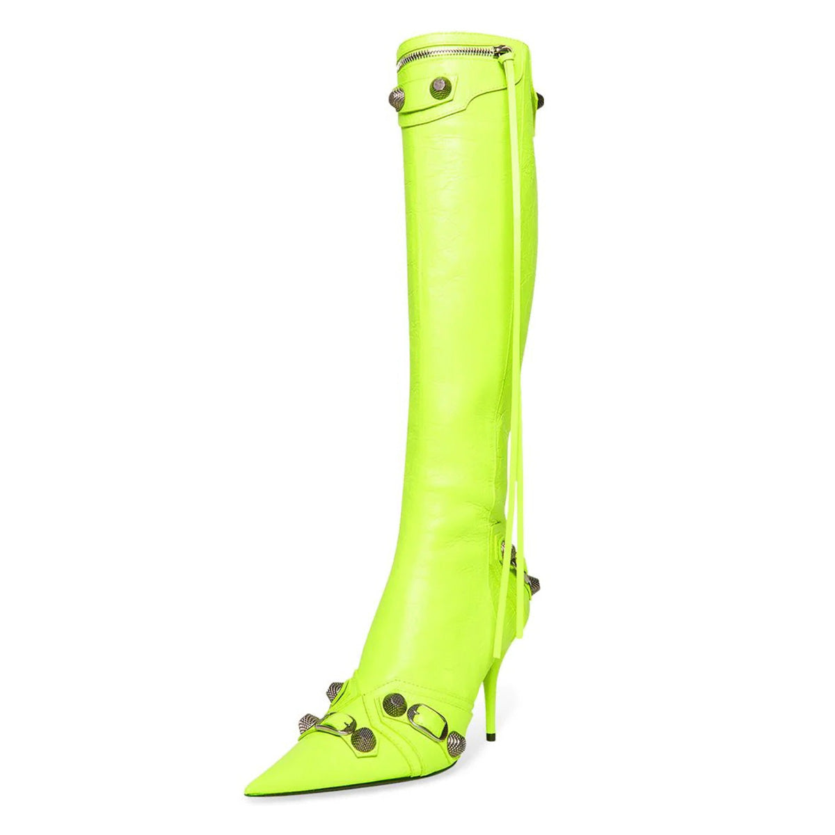 Lime Green Buckled Pointed Toe Studded Stiletto Heel Knee High Boots