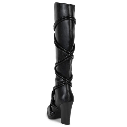 Black Square Toe Chunky Heel Rope Knot Knee High Boots