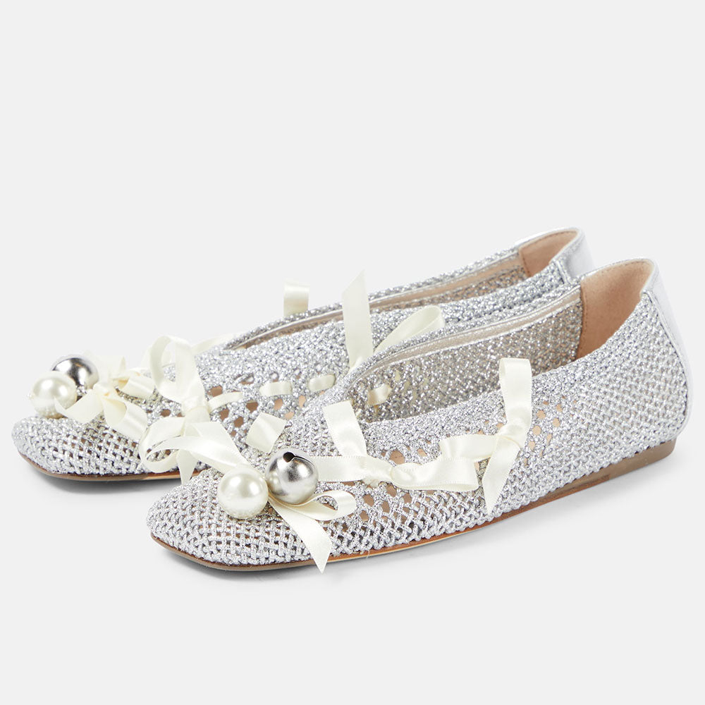 Silver Crochet Mesh Square Toe Pearl Bow Decor Women's Dress Flats