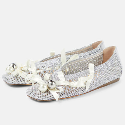 Silver Crochet Mesh Square Toe Pearl Bow Decor Women's Dress Flats