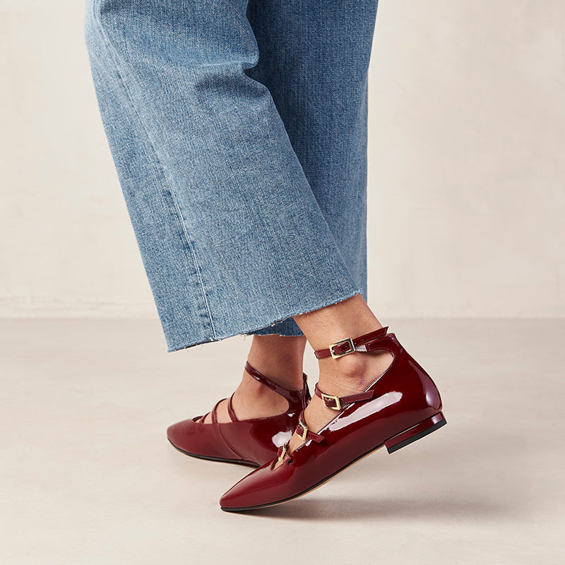 Burgundy Patent Leather Square Toe Buckled Ankle Strap Mary Jane Flats
