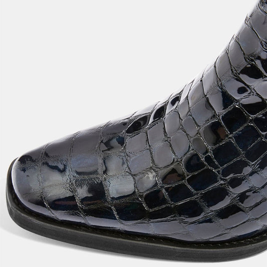 Black Croco Embossed Block Heel Ankle Boots