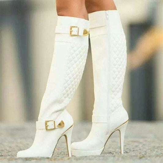 White Quilted Buckles Stilettos Knee High Boots with Platform