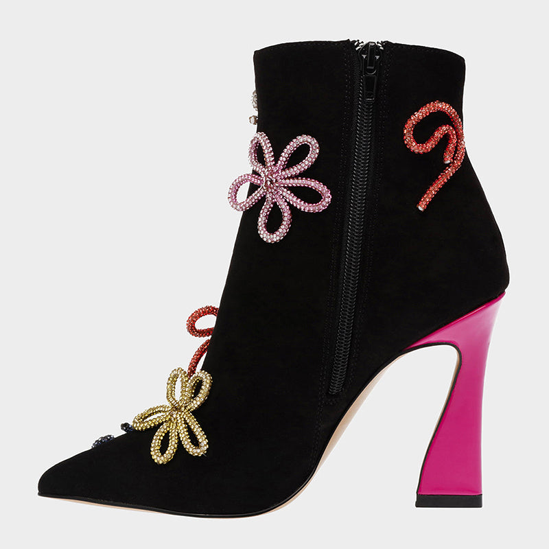Black Spool Heel Multicolor Rhinestone Flower Ankle Boots for Women
