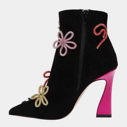 Black Spool Heel Multicolor Rhinestone Flower Ankle Boots for Women