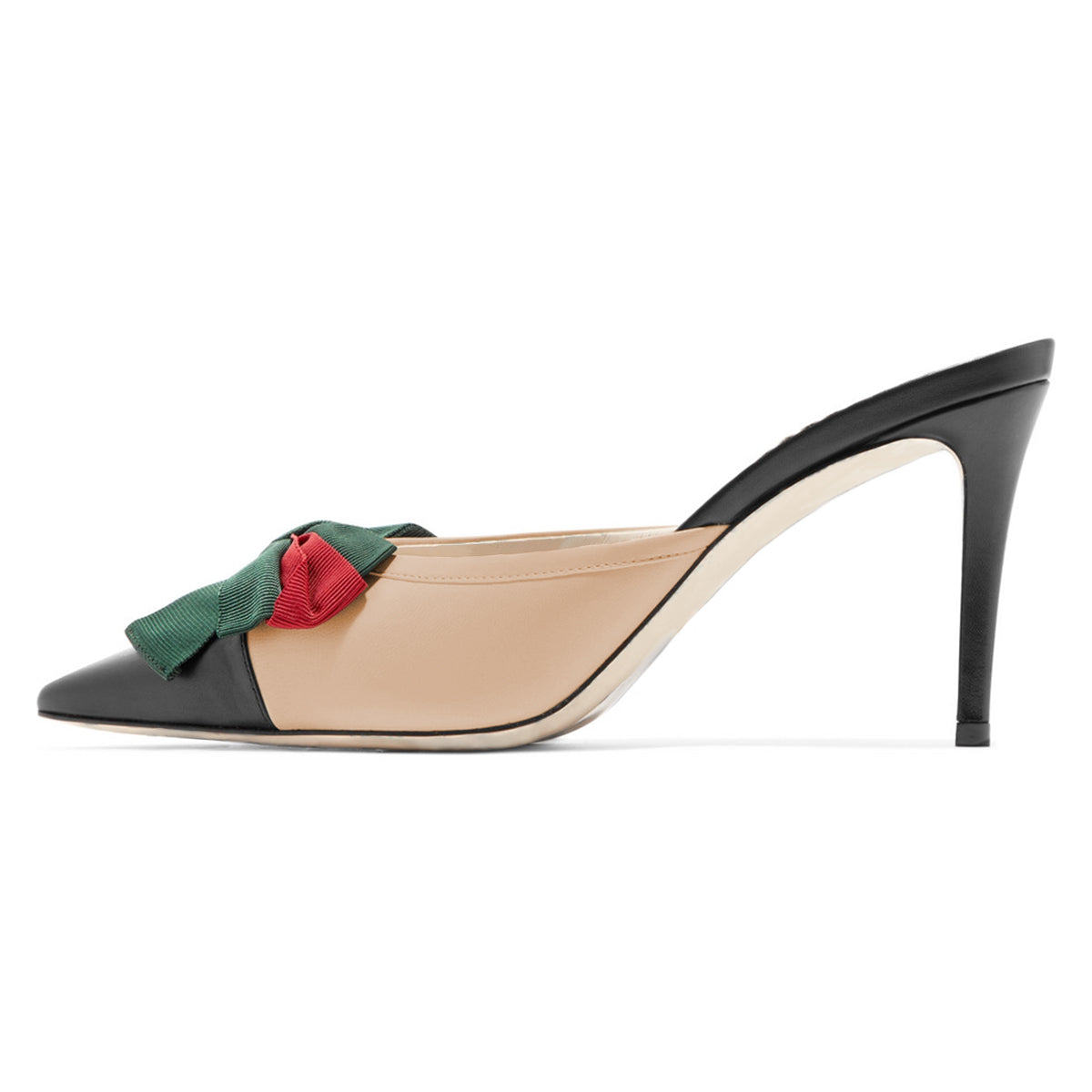 Women's Black and Nude Bow Stiletto Heel Mules Shoes
